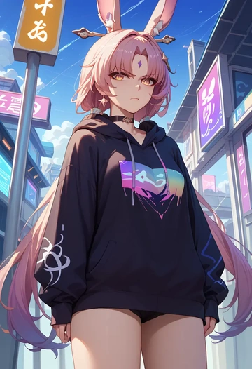 star rail,fu xuan,oversized graphic hoodie,thigh-high socks,shorts  - AI generated anime art